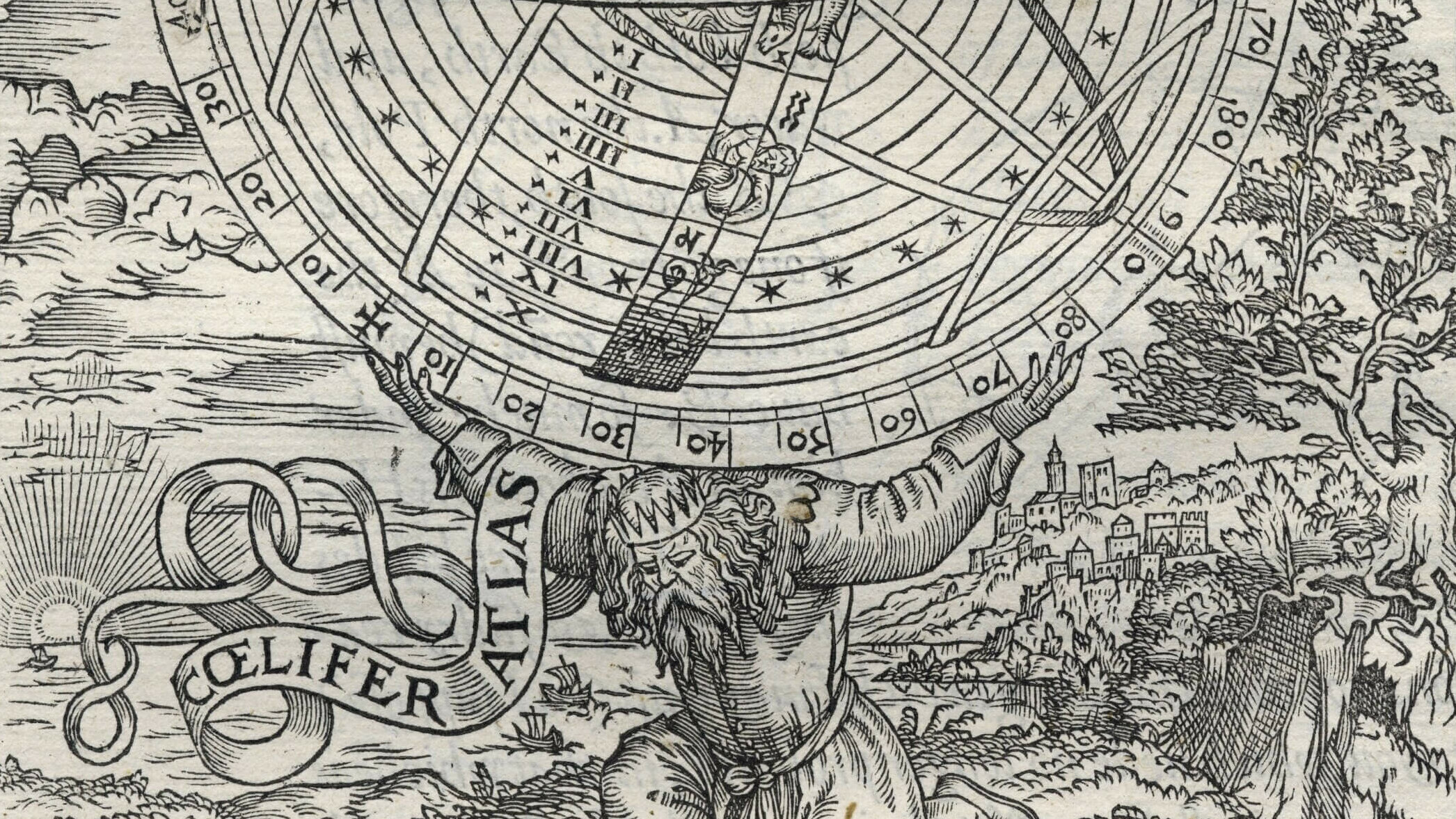 Image of Atlas holding up the earth and heavens, from William Cunningham, The Cosmographical Glasse (London, 1559), STC 4863.5, page 254, image 063906, used by permission of the Folger Shakespeare Library.